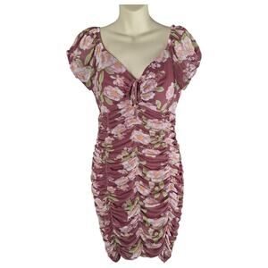 Madden NYC Floral Pink Bodycon Ruched Mini Dress Puff Sleeves L